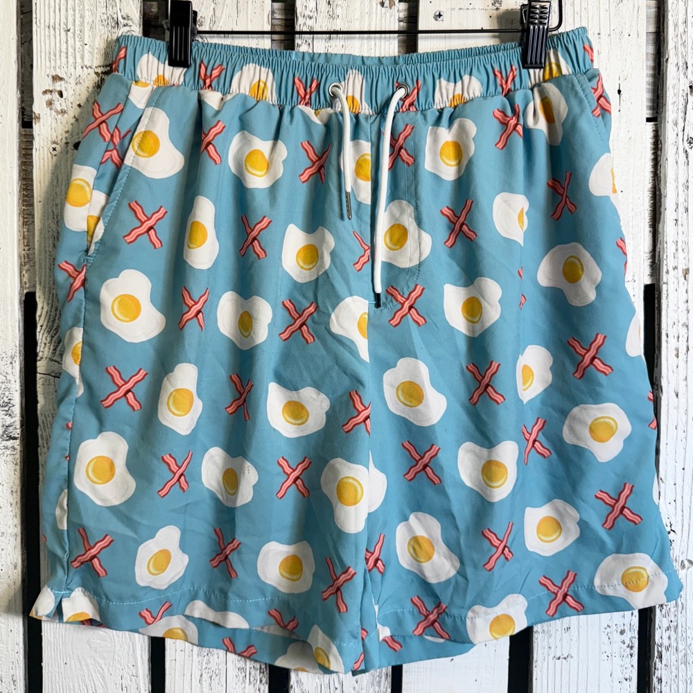 Mosmann Australia XL Bacon Egg Swim Trunks Mens Board Shorts Elastic Waist Lined